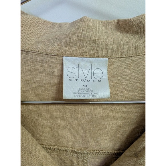 Style Studio Button Front Shirt Linen Cotton Blend Minimalist Lagenlook Tan 1X - Picture 4 of 8